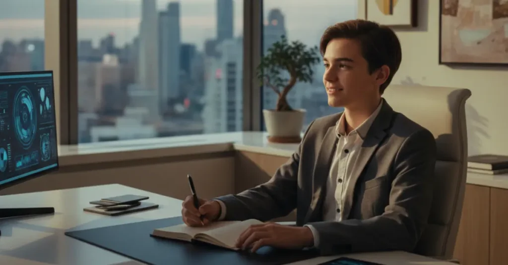 Confident young entrepreneur working in a modern office, representing the qualities of a future leader
